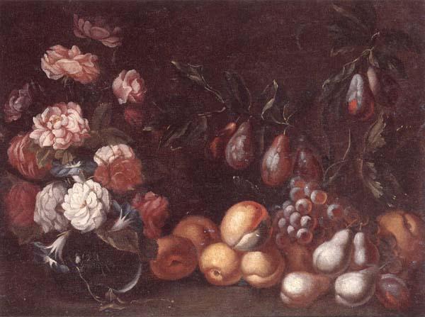 unknow artist Still life of Roses and convulvuli in a Glass vase,Together with peaches,grapes,pears and plums Germany oil painting art